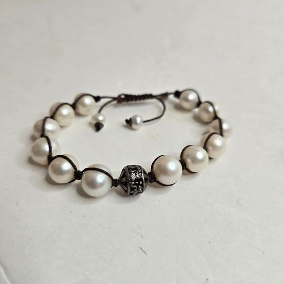 Silpada Vintage Sterling Silver & Genuine Large Pearls Brown Corded Bracelet - Picture 7 of 9
